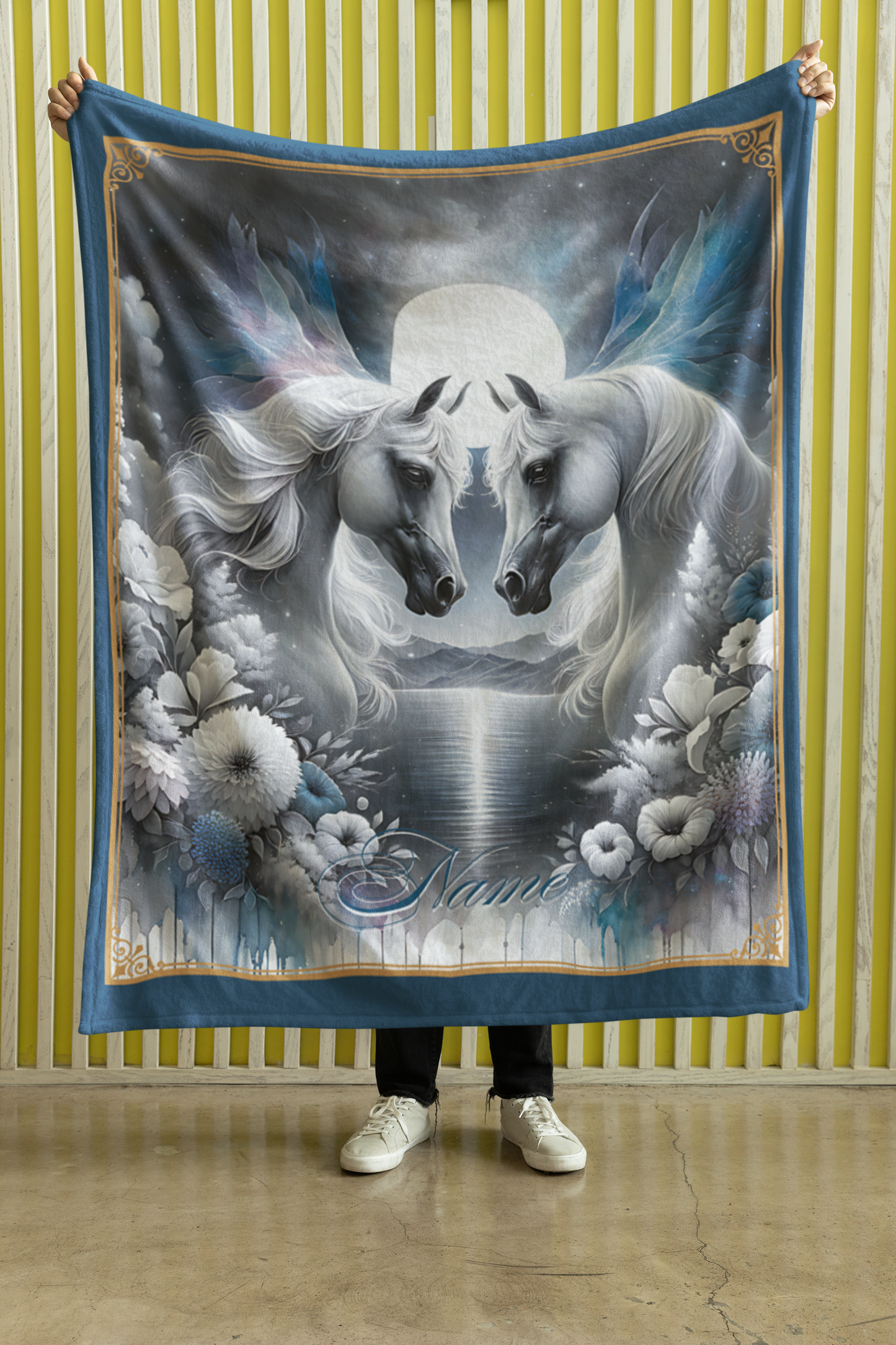 Personalized Ethereal White Arabian Horses Full Moon Throw Blanket - 50"x60" Custom Name Blanket