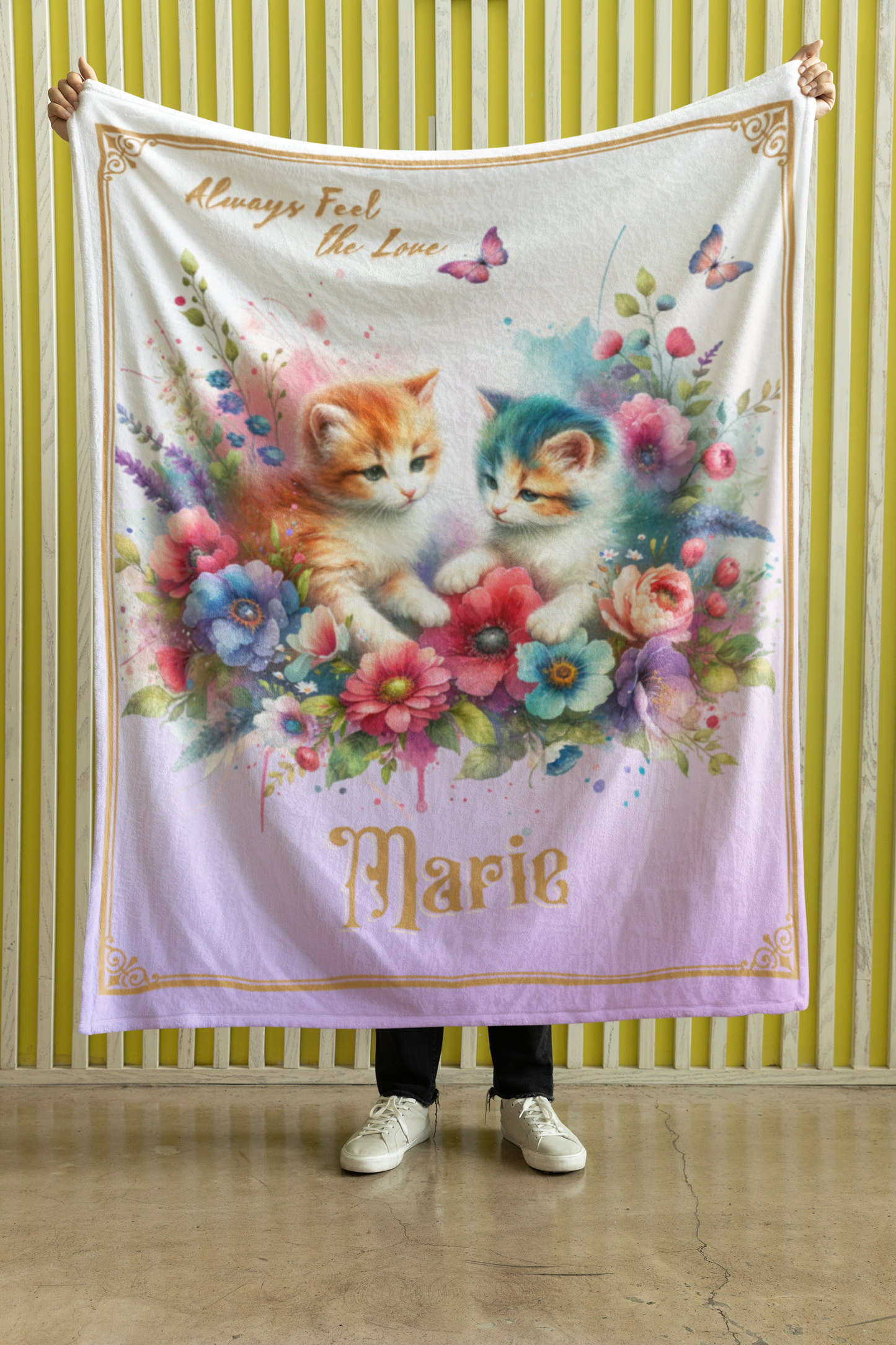 Personalized Two Kittens in Wildflower Bouquet with Butterflies Throw Blanket — Custom Name Gift