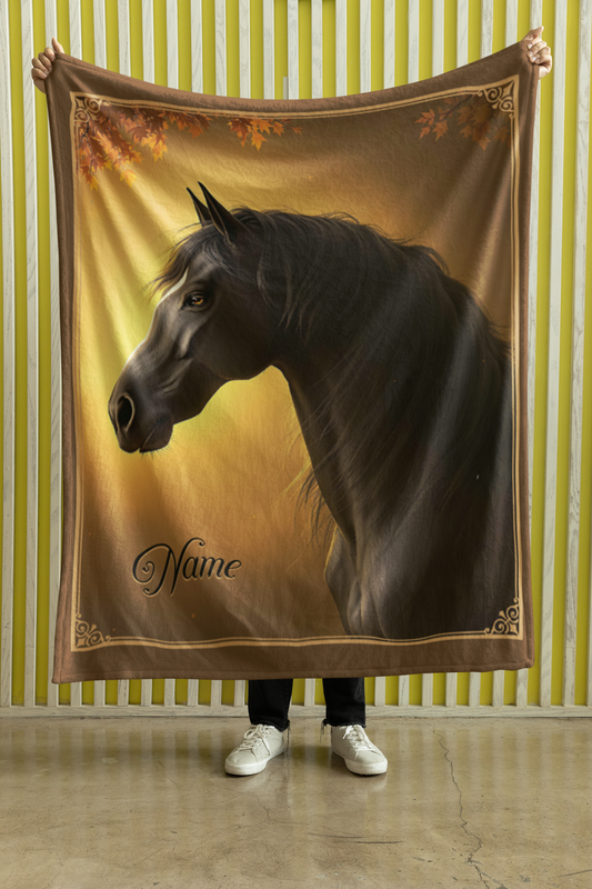Personalized Black Horse Autumn Leaves Throw Blanket - 50"x60" Custom Name Blanket