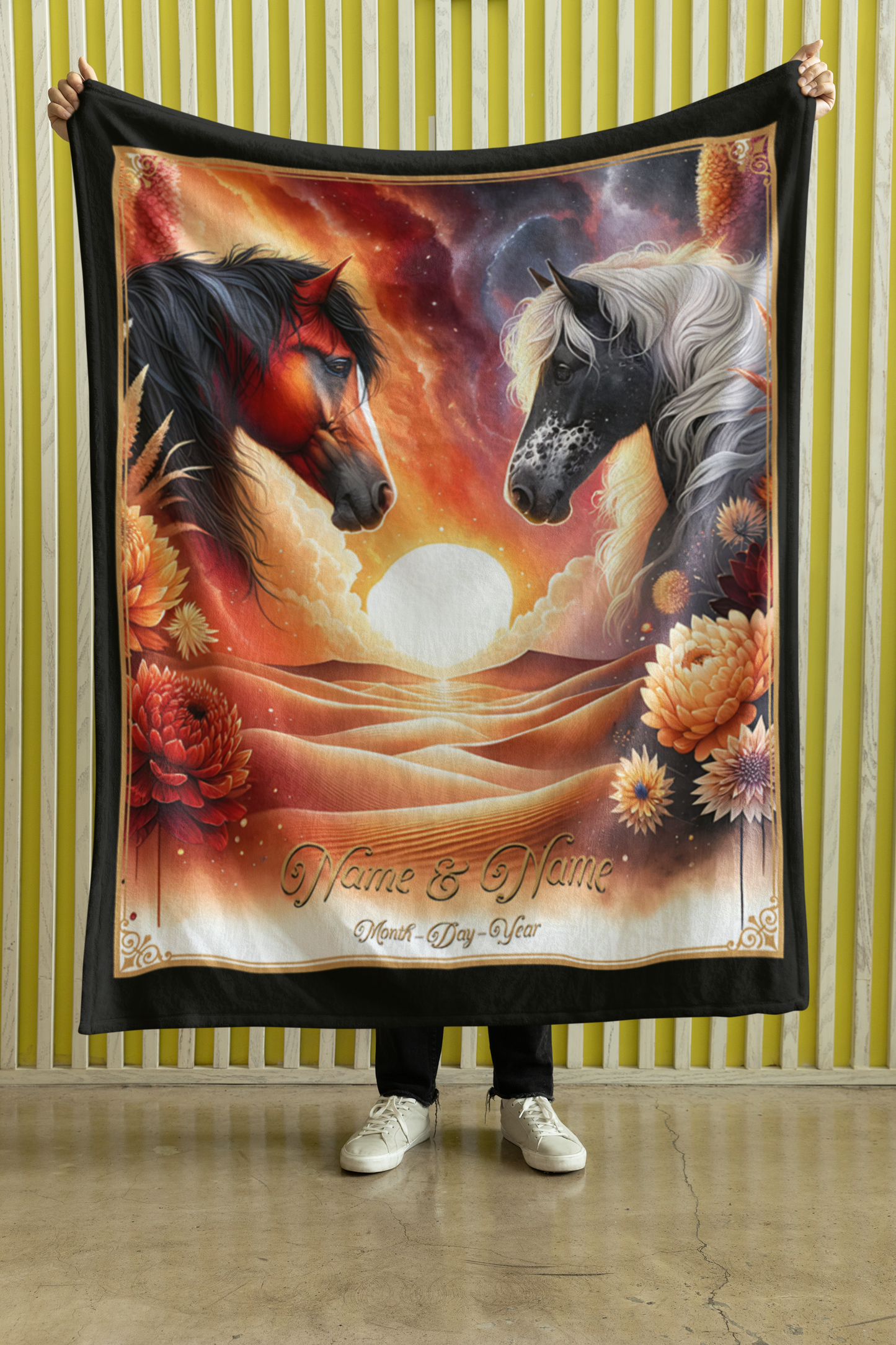 Personalized Bay and Dappled Grey Horses Sunset Couples Throw Blanket - 50"x60" Custom Name Blanket