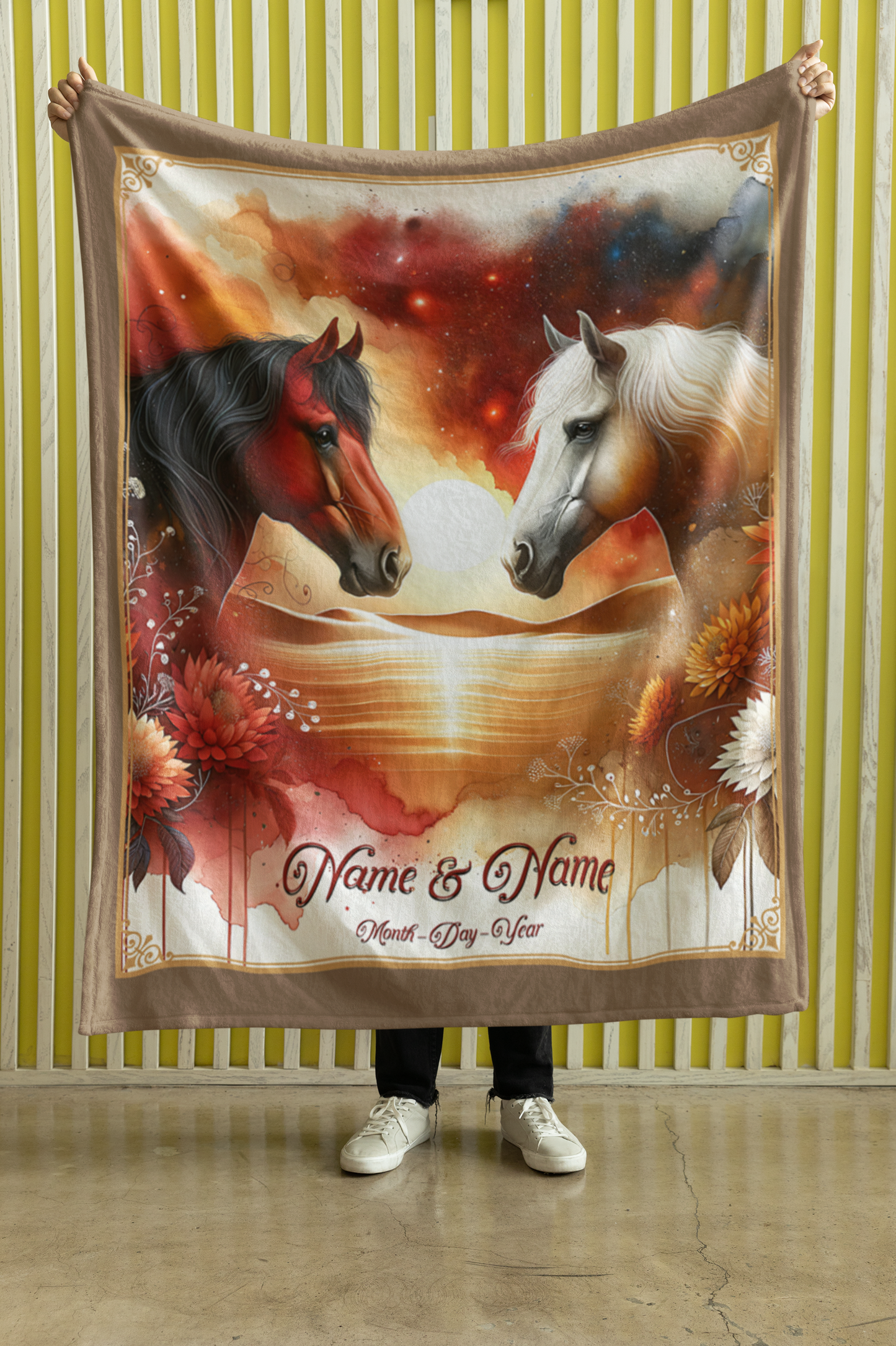 Personalized Bay and Palomino Horses Sunset Couples Throw Blanket - 50"x60" Custom Name Blanket