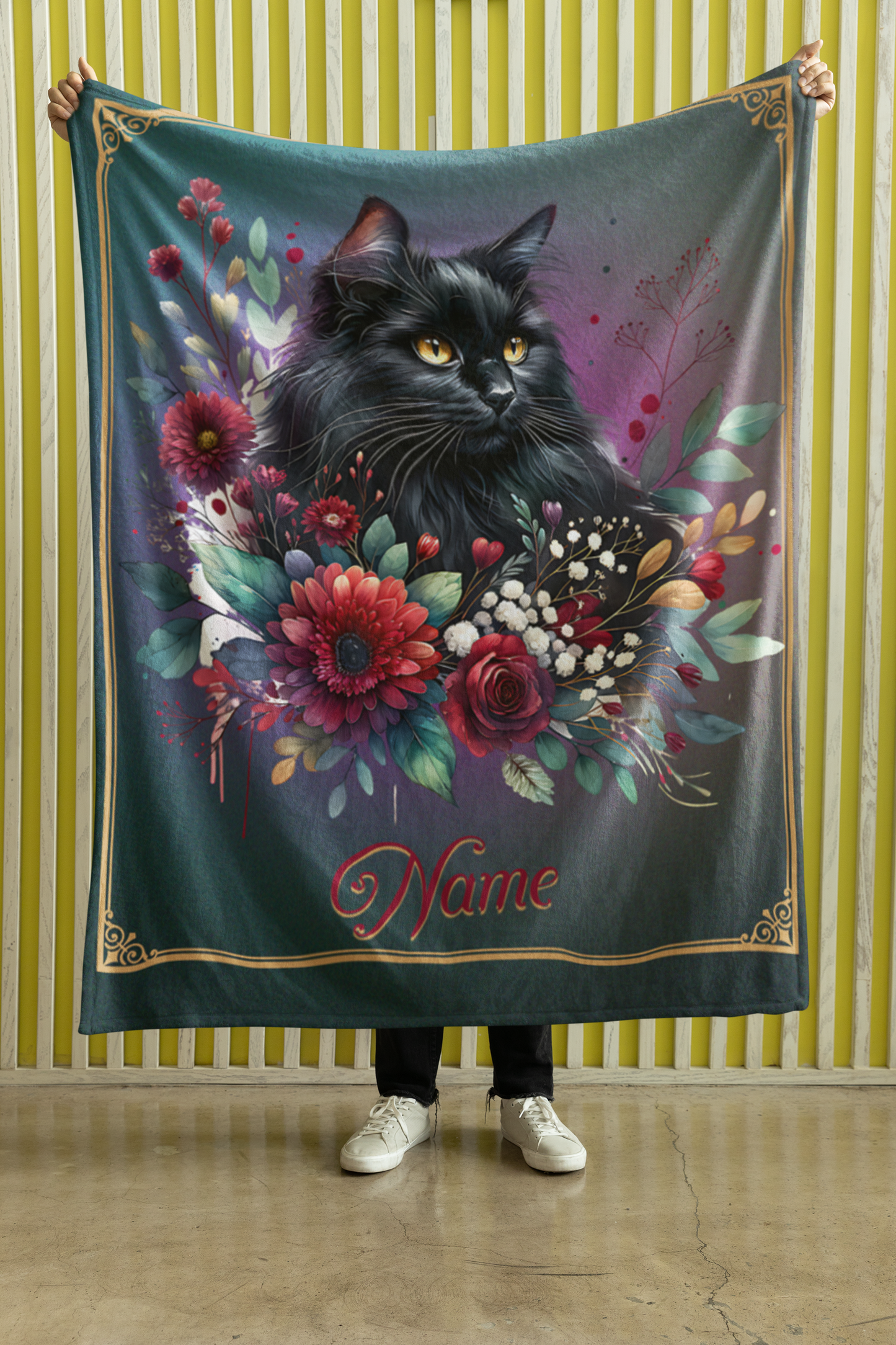 Personalized Fluffy Black Cat with Burgundy Dahlias and Roses Throw Blanket — Custom Name Gift