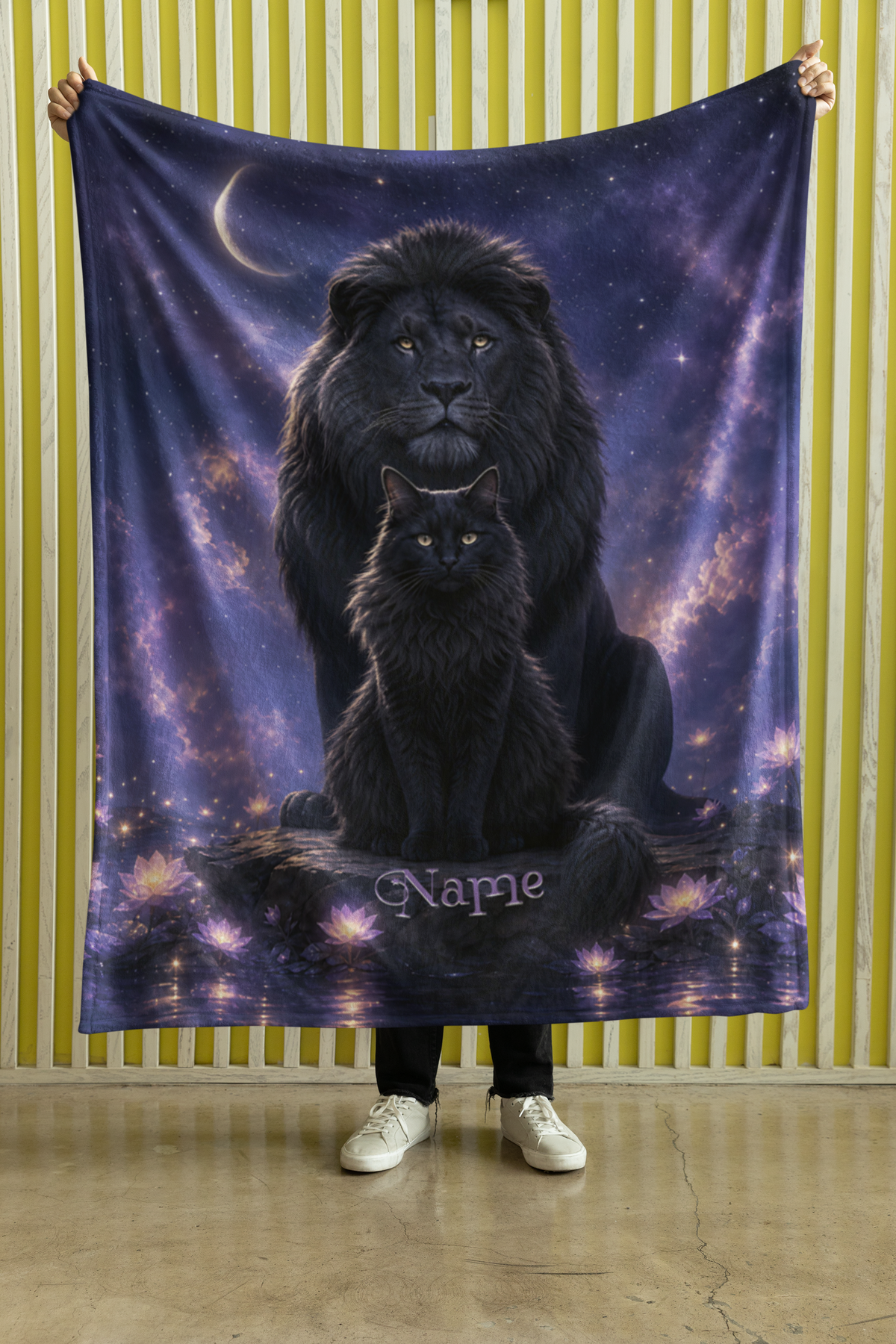 Personalized Black Cat with Guardian Lion Throw Blanket