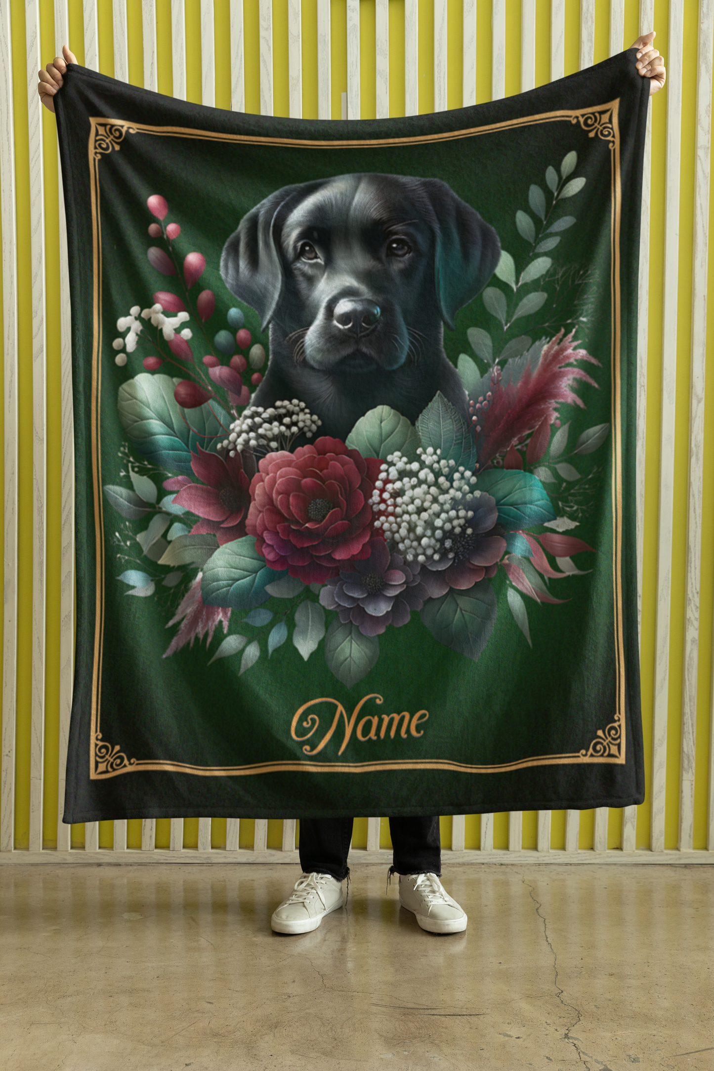 Personalized Black Labrador Retriever with Burgundy Florals Throw Blanket — Custom Name Gift