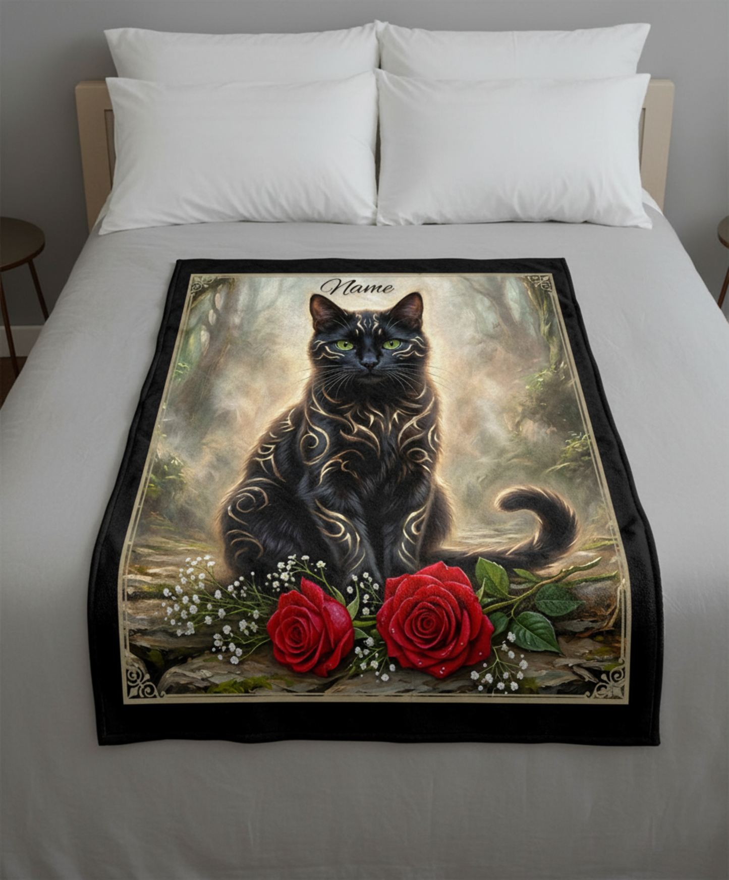 Personalized Fantasy Black Cat with Gold Markings in Summer Forest Throw Blanket — Custom Name Gift