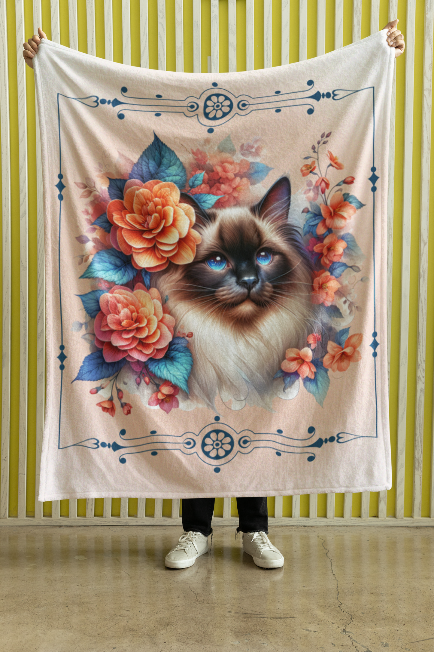 Personalized Blue-Eyed Ragdoll Cat with Orange Begonias Throw Blanket — Custom Name Gift