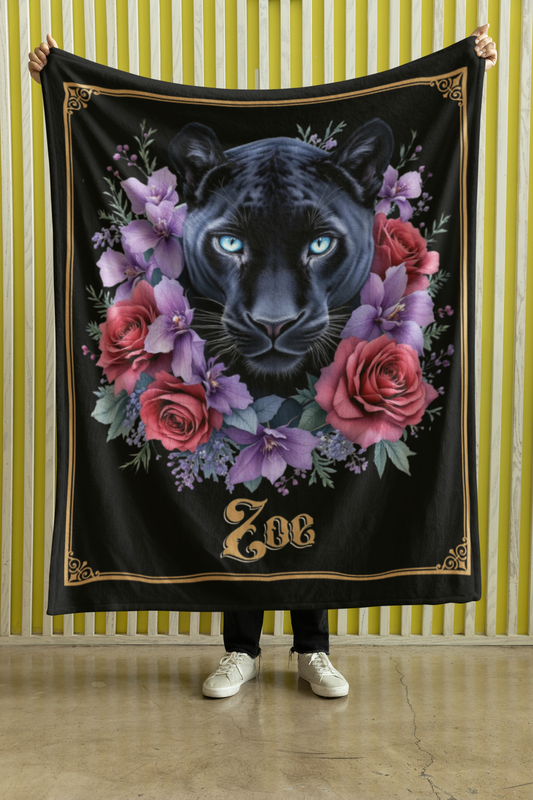 Personalized Blue-Eyed Black Panther with Roses and Clematis Throw Blanket — Custom Name Gift
