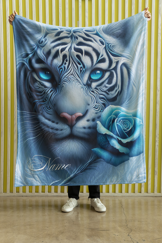 Personalized Blue-Eyed White Tiger with Ice Blue Rose Throw Blanket — Custom Name Gift