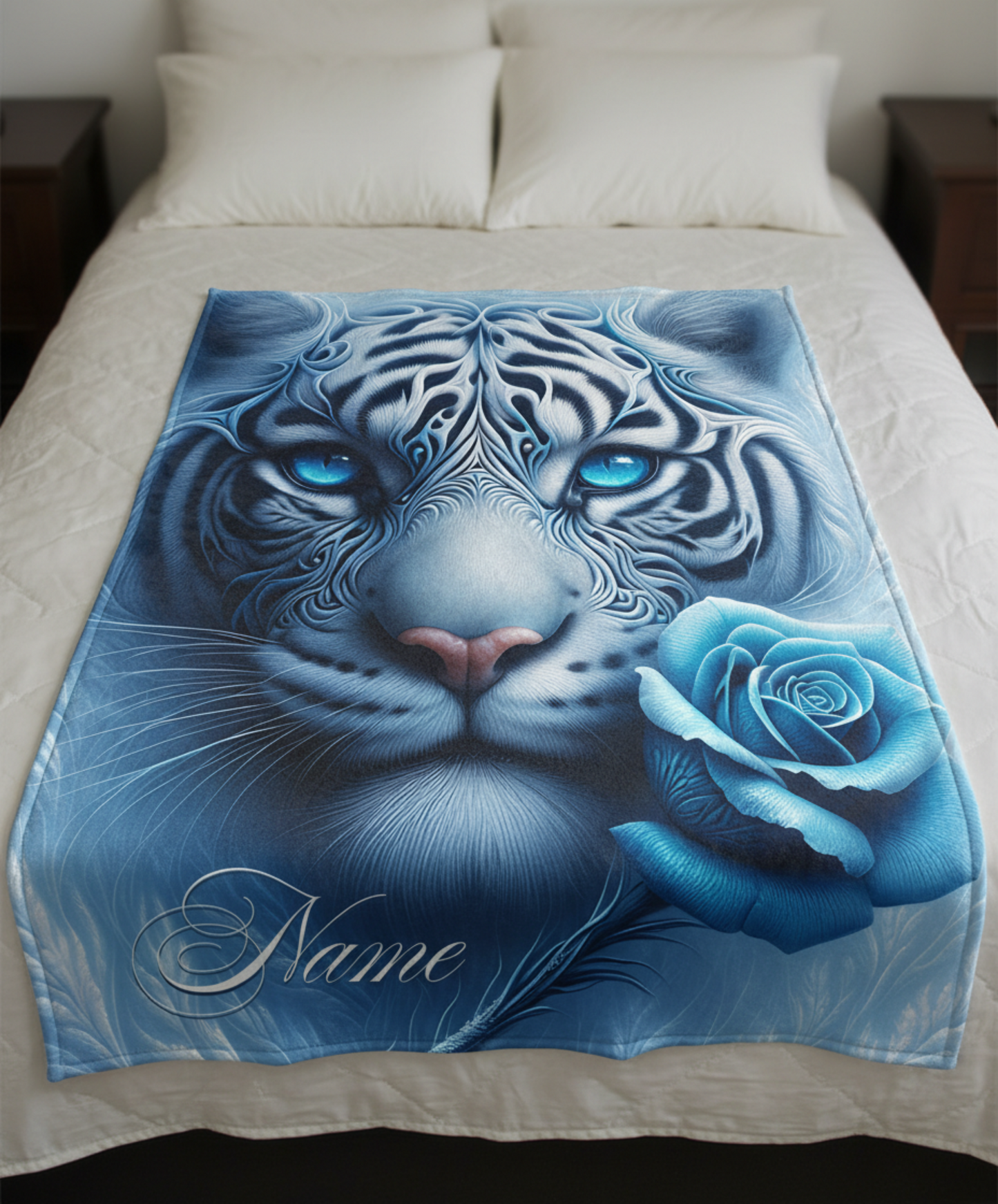 Personalized Blue-Eyed White Tiger with Ice Blue Rose Throw Blanket — Custom Name Gift