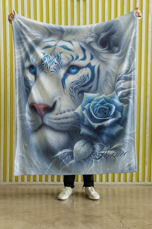 Personalized White Lion with Blue Rose and Tribal Markings Throw Blanket — Custom Name Gift
