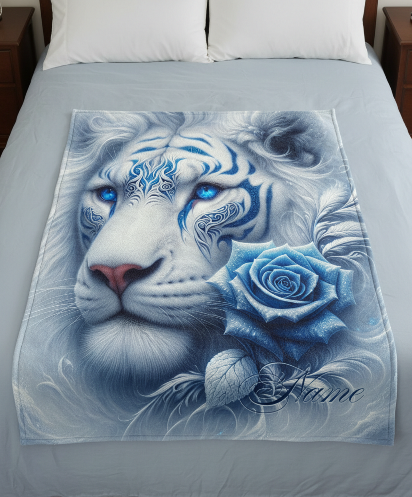 Personalized White Lion with Blue Rose and Tribal Markings Throw Blanket — Custom Name Gift
