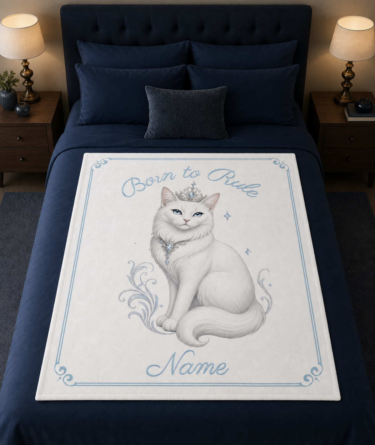Personalized Born to Rule White Cat Throw Blanket