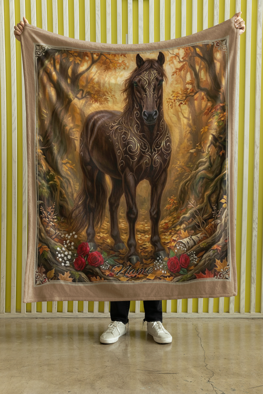 Personalized Fantasy Brown Horse Autumn Forest Throw Blanket