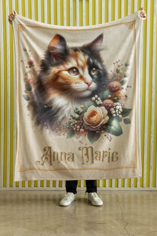 Personalized Fluffy Calico Cat with Peach Rose Bouquet Throw Blanket — Custom Name Gift