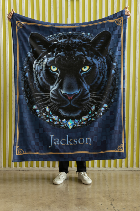 Personalized Crystal Mosaic Black Panther with Diamond Collar Throw Blanket — Custom Name Gift
