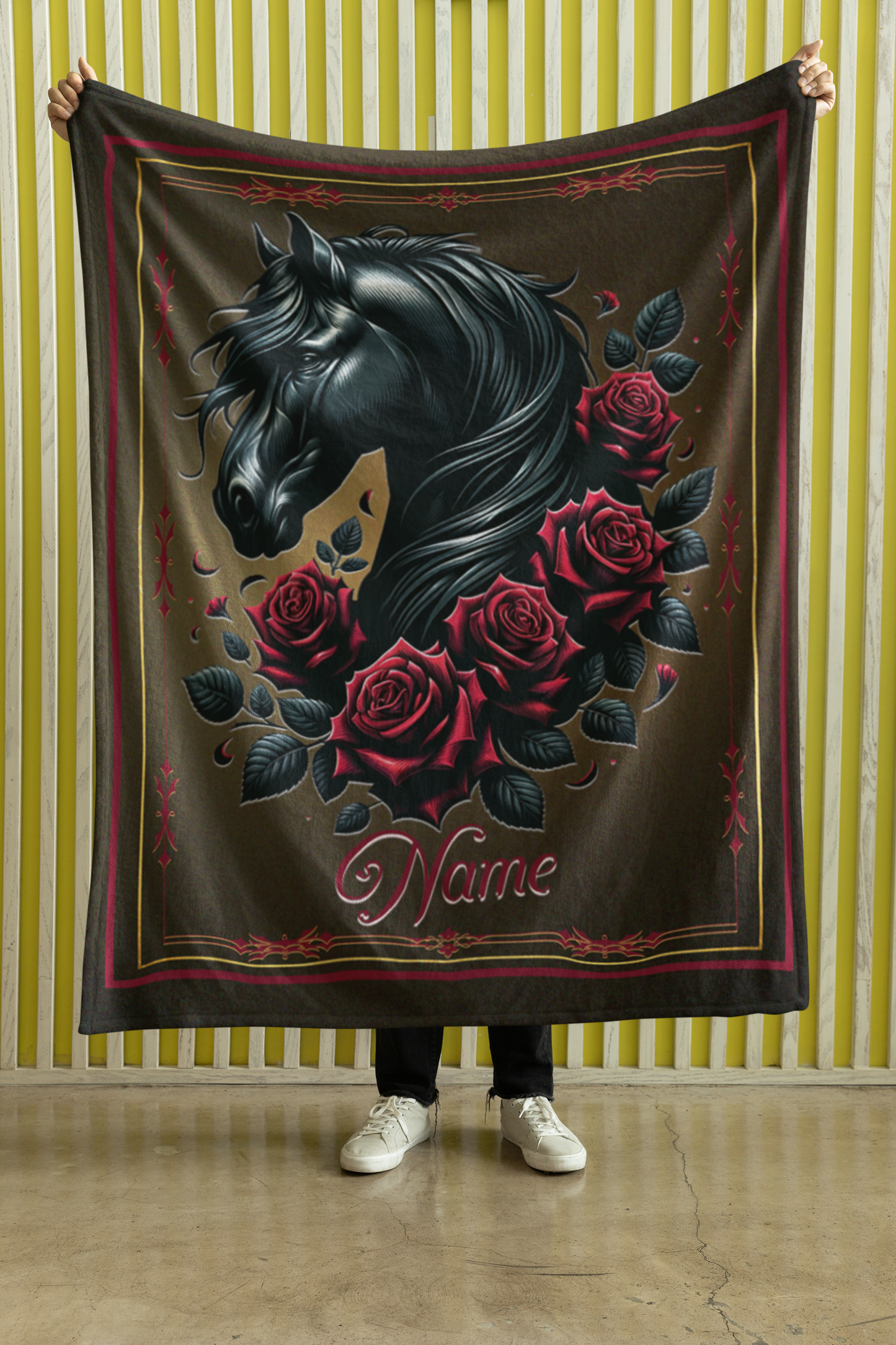 Personalized Black Horse Red Roses Throw Blanket - 50"x60" Custom Name Blanket
