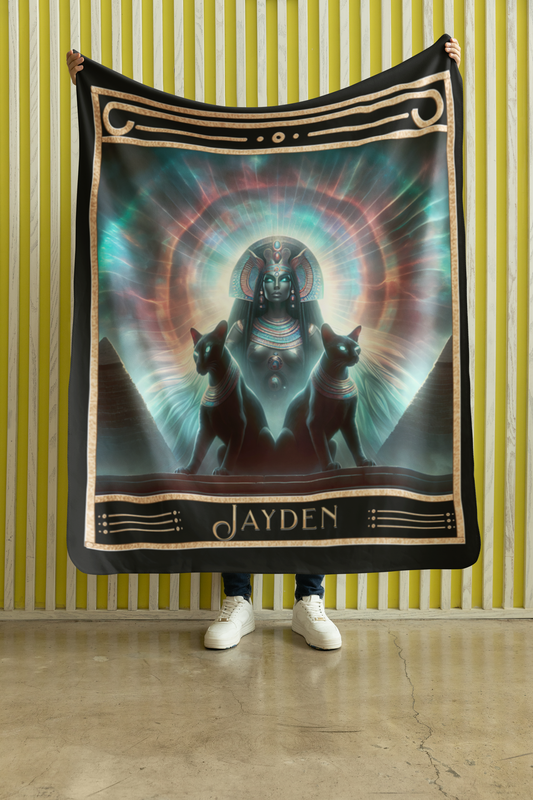 Personalized Ethereal Bast Goddess with Sacred Cats and Pyramids Throw Blanket — Custom Name Gift