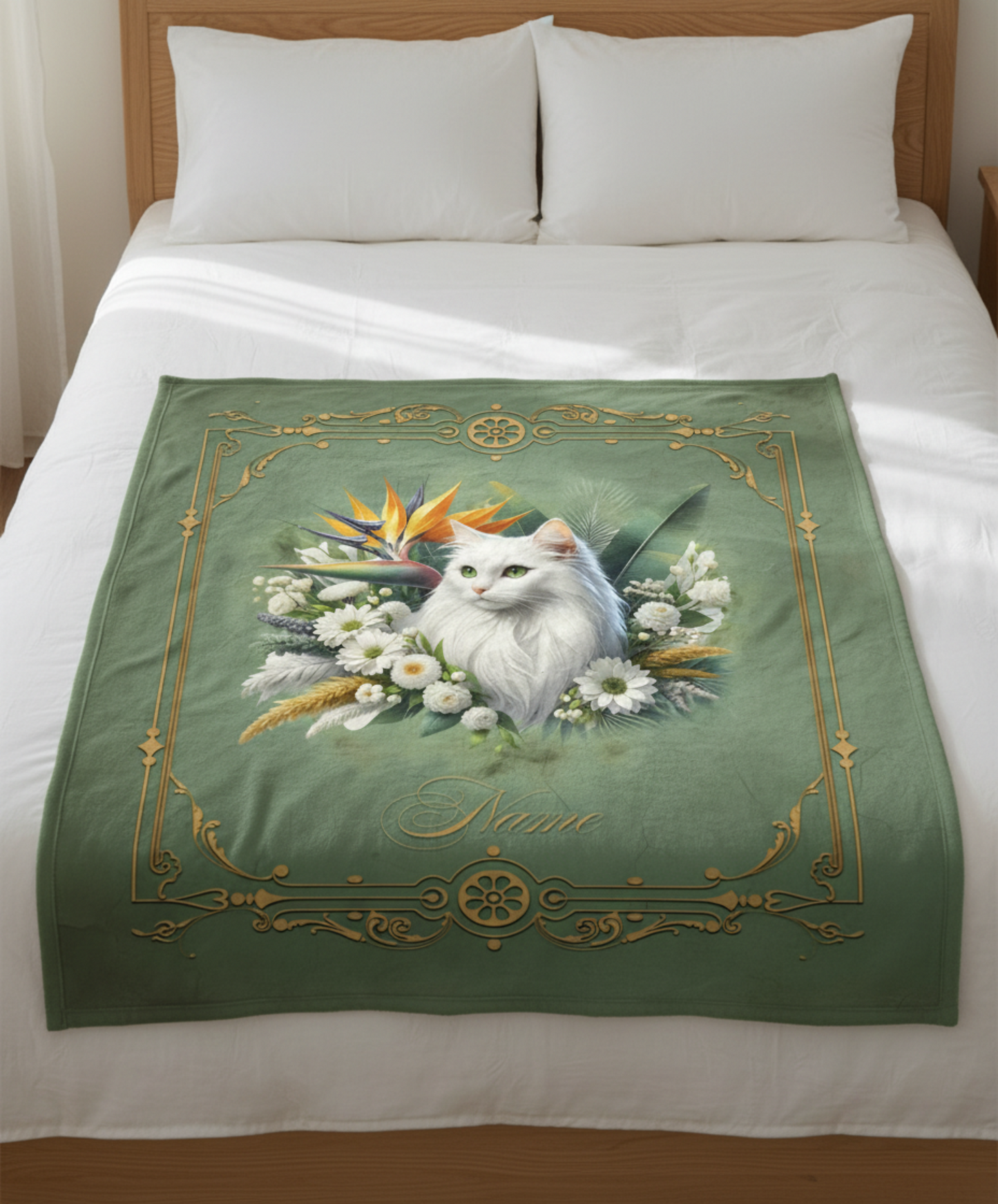 Personalized White Cat with Bird of Paradise and White Daisies Throw Blanket — Custom Name Gift