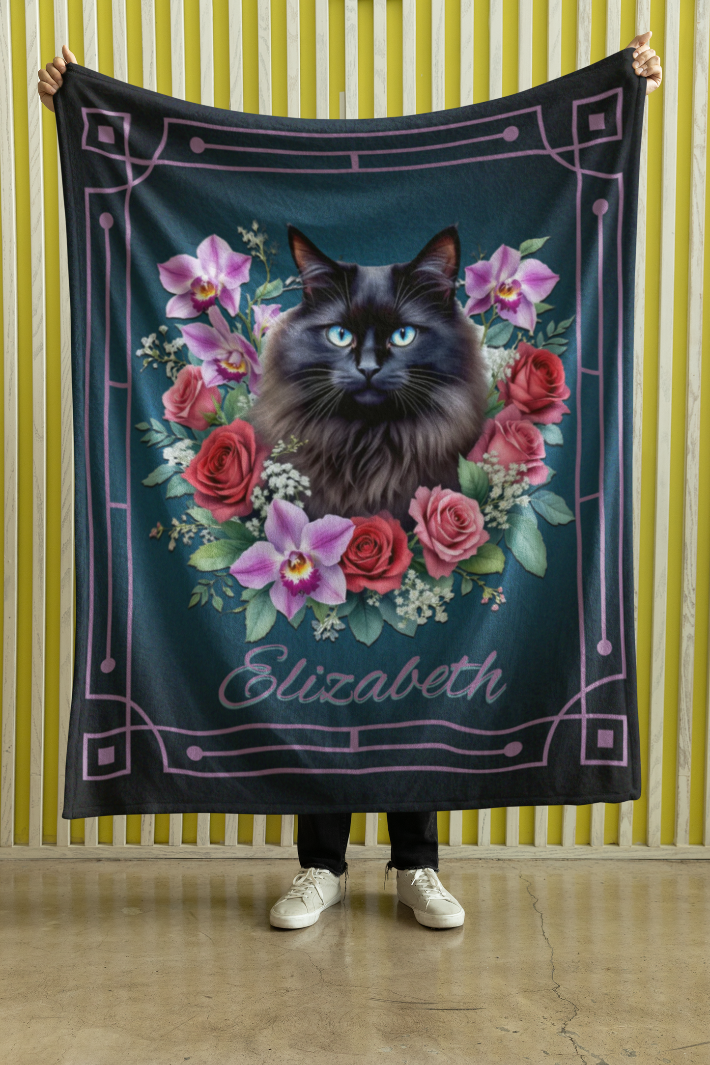 Personalized Fluffy Blue-Eyed Black Cat with Orchids and Roses Throw Blanket — Custom Name Gift