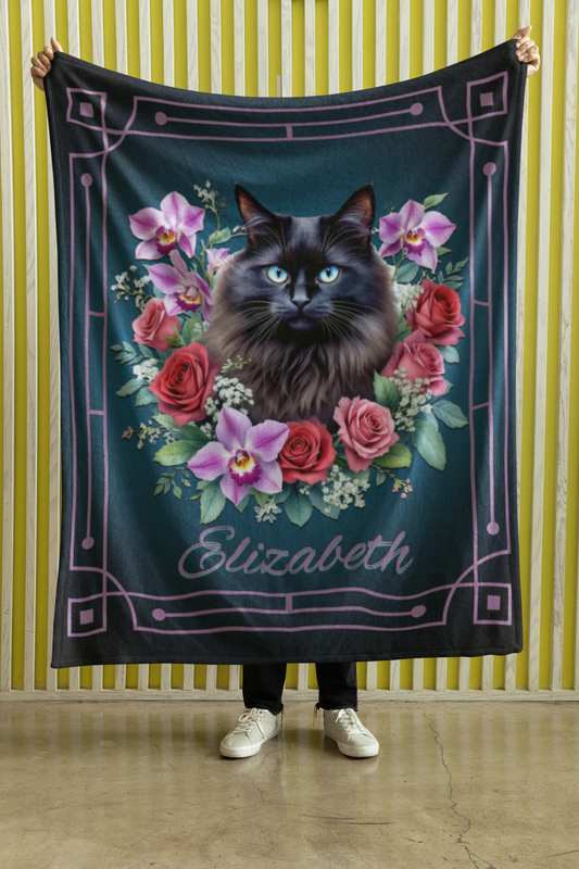 Personalized Fluffy Blue-Eyed Black Cat with Orchids and Roses Throw Blanket — Custom Name Gift