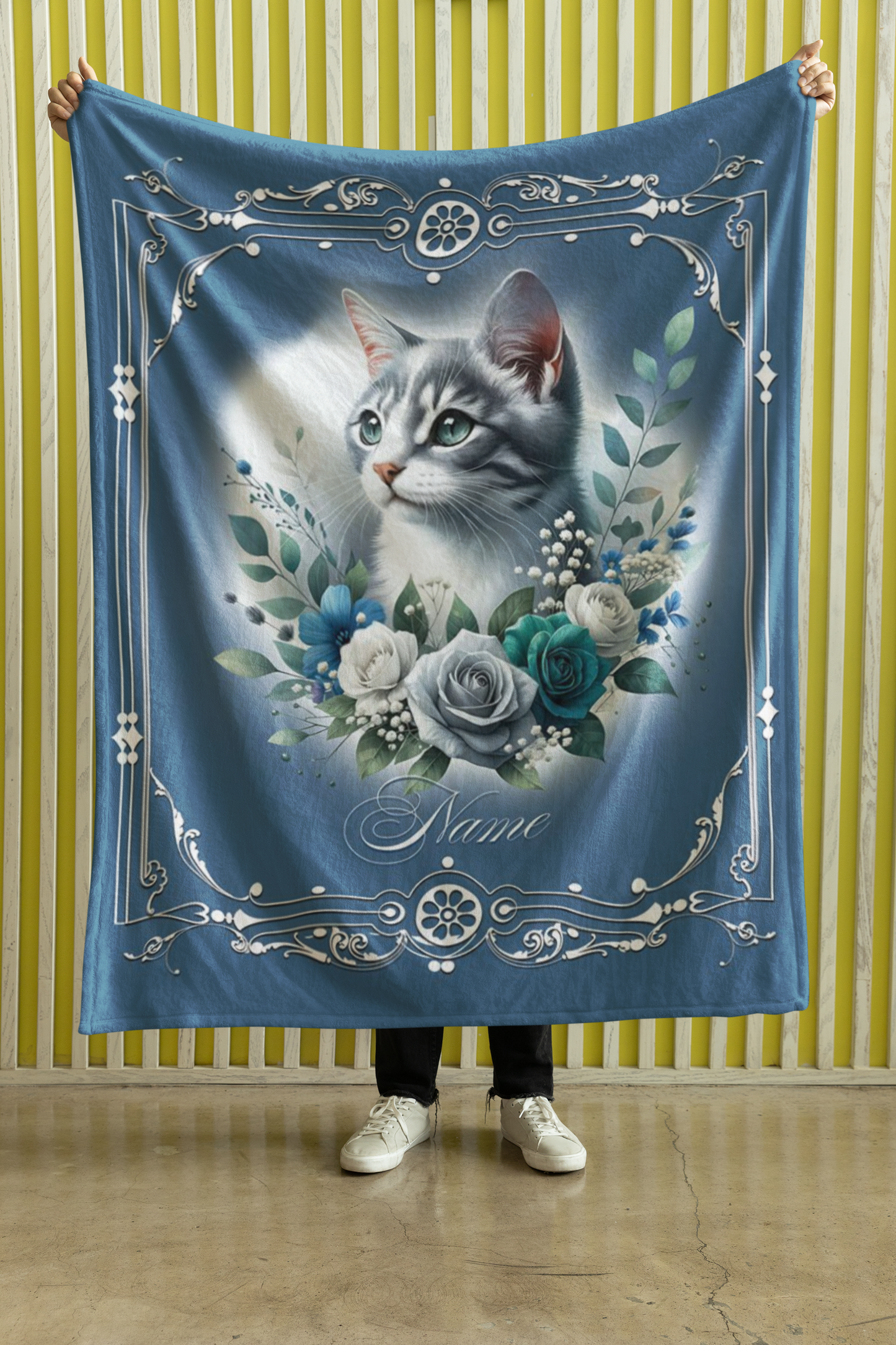 Personalized Grey & White Tabby Kitten with Blue and White Roses Throw Blanket — Custom Name Gift