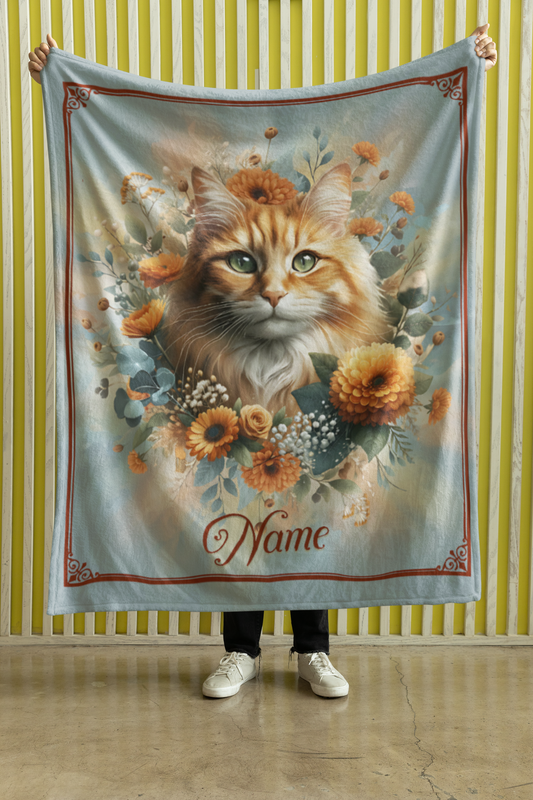Personalized Fluffy Ginger Cat with Golden Marigolds Throw Blanket — Custom Name Gift