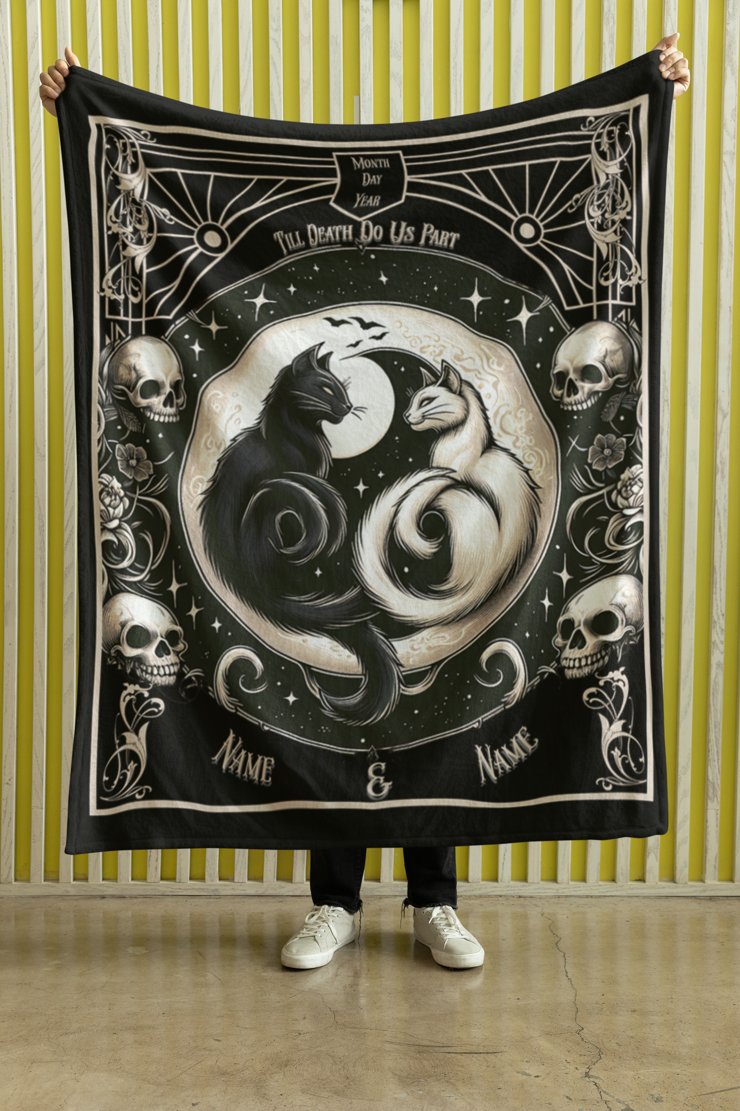 Personalized Gothic Yin Yang Cats Till Death Do Us Part Throw Blanket — Custom Name Gift