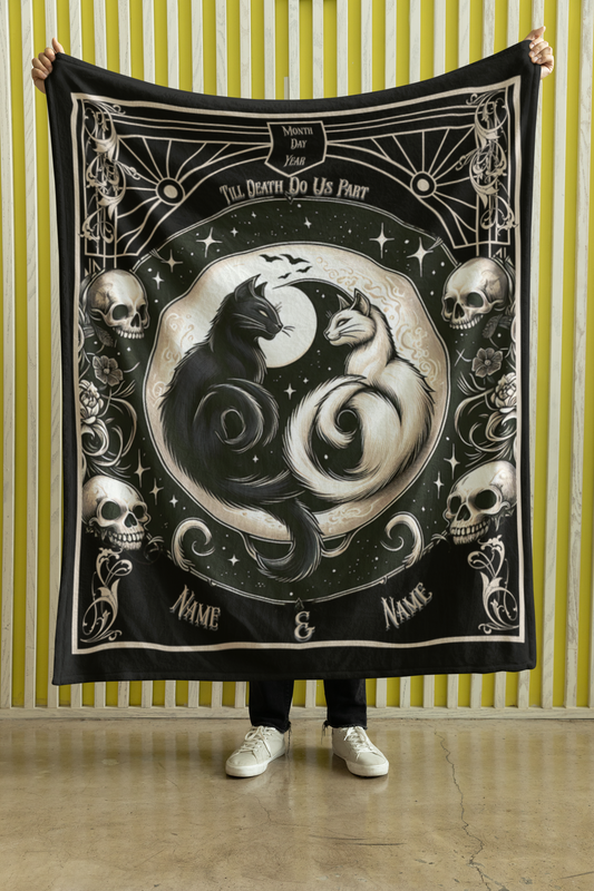 Personalized Gothic Yin Yang Cats Till Death Do Us Part Throw Blanket — Custom Name Gift