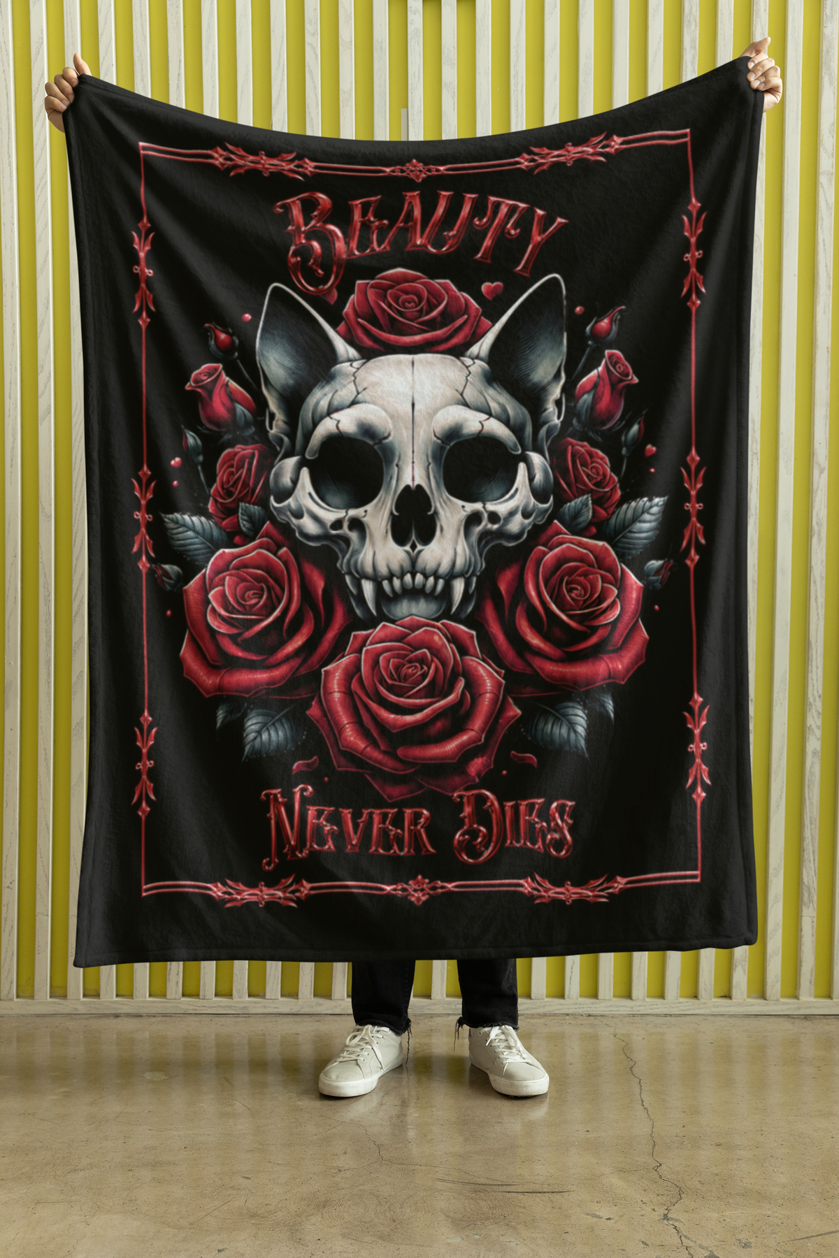 Gothic Cat Skull Beauty Never Dies Throw Blanket