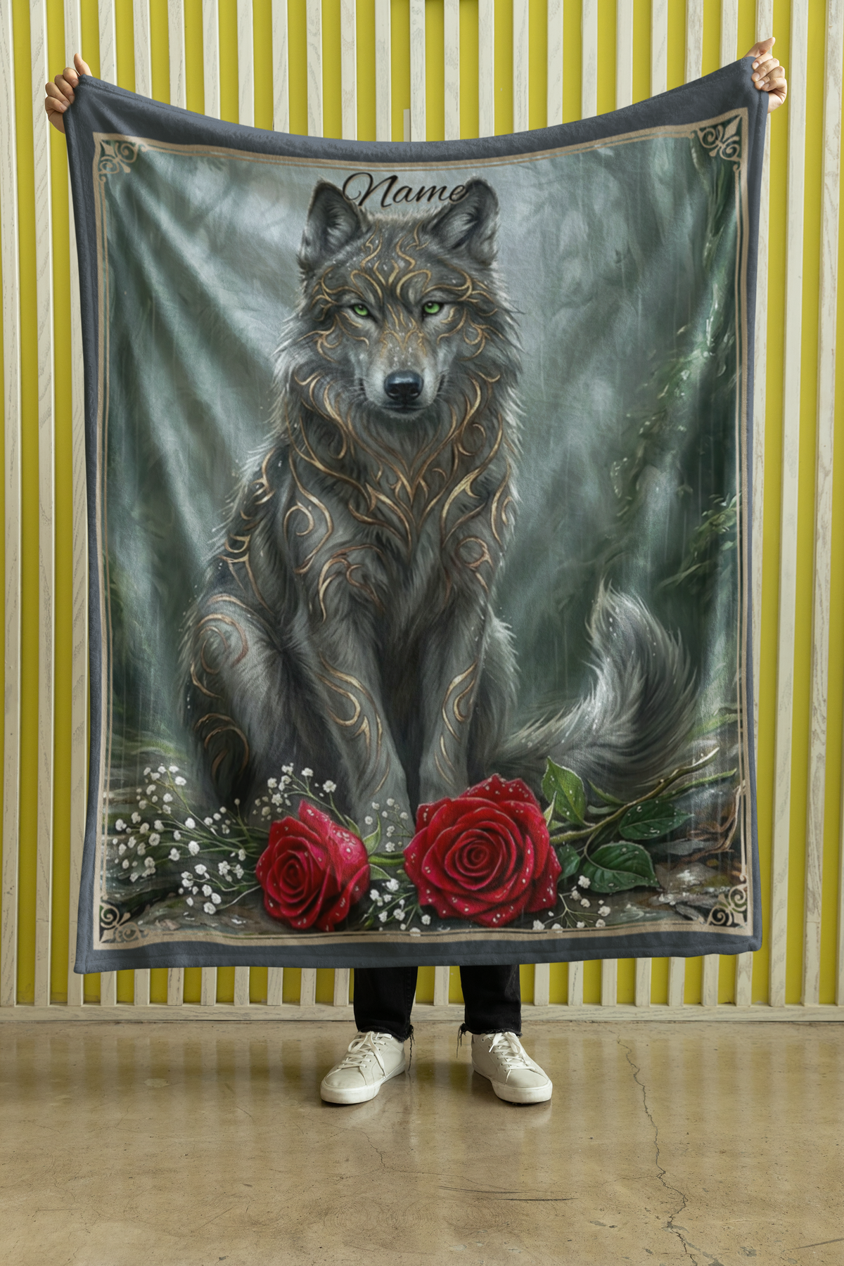 Personalized Fantasy Grey Wolf Spring Forest Throw Blanket