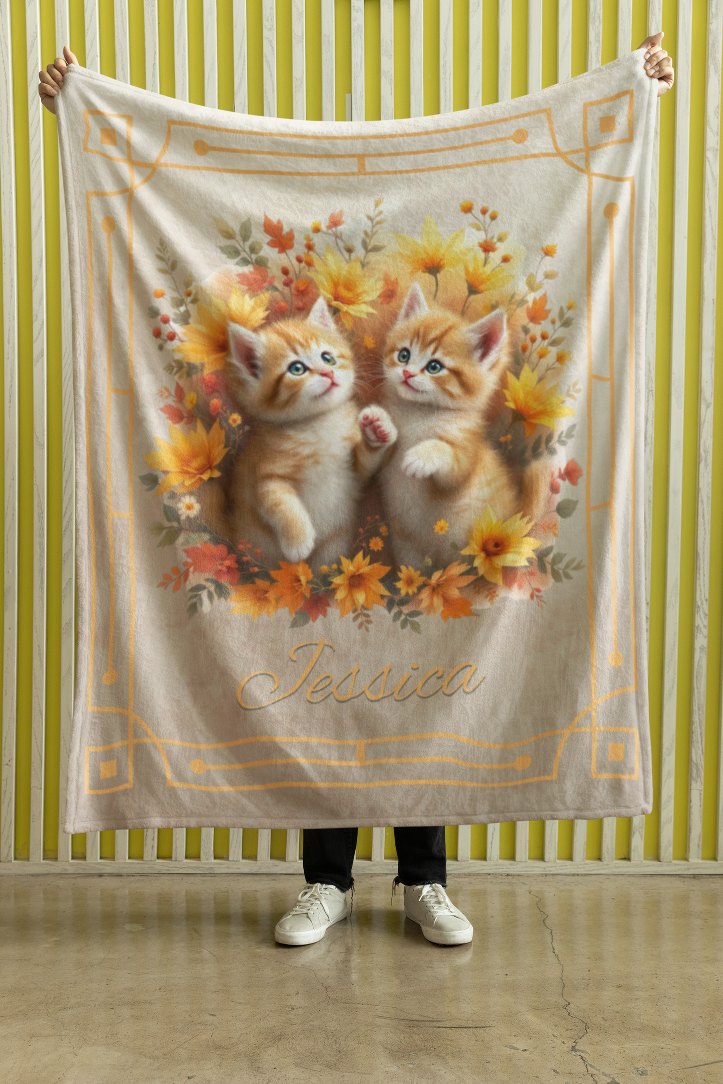 Personalized Ginger Kittens Playing in Autumn Flowers Throw Blanket — Custom Name Gift