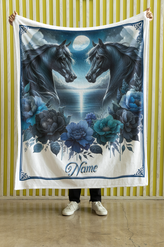 Personalized Two Black Arabian Horses Full Moon Couples Throw Blanket - 50"x60" Custom Name Blanket