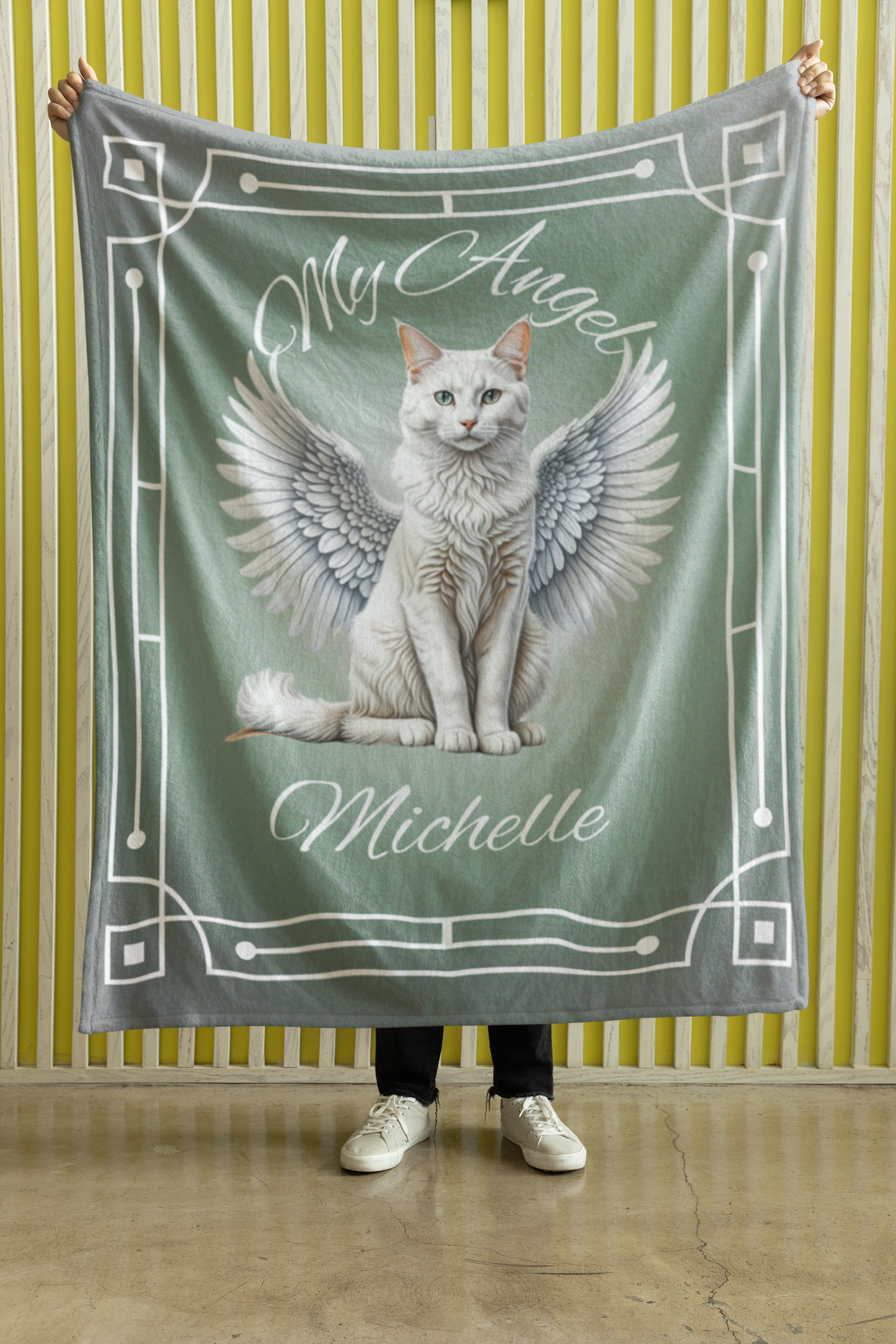 Personalized My Angel White Cat with Wings Throw Blanket — Custom Name Gift