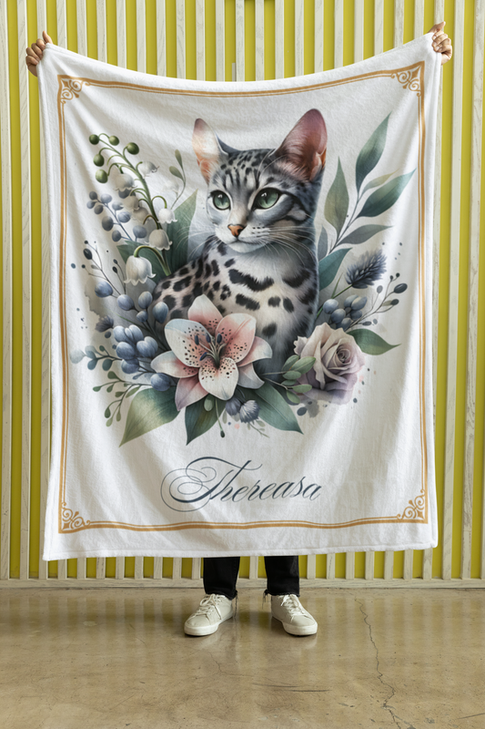Personalized Grey Ocicat with Stargazer Lily and Lavender Rose Throw Blanket — Custom Name Gift
