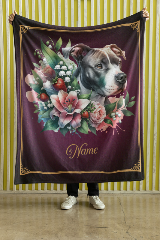 Personalized Pit Bull with Pink Lily and Strawberries Throw Blanket — Custom Name Gift