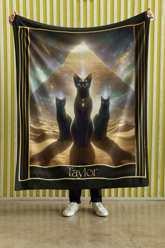 Personalized Egyptian Goddess Bast with Sacred Cats and Pyramid Throw Blanket — Custom Name Gift