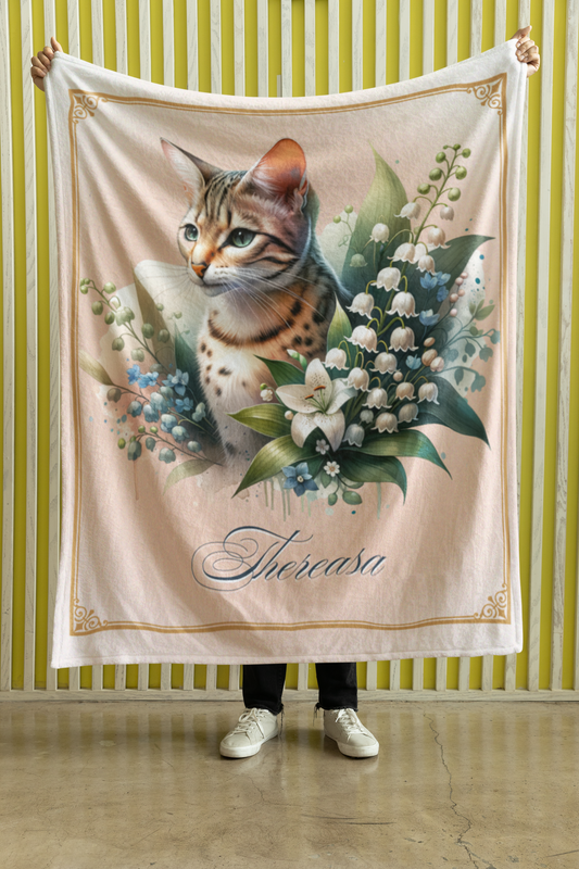 Personalized Orange Tabby Cat with Lilies Throw Blanket — Custom Name Gift