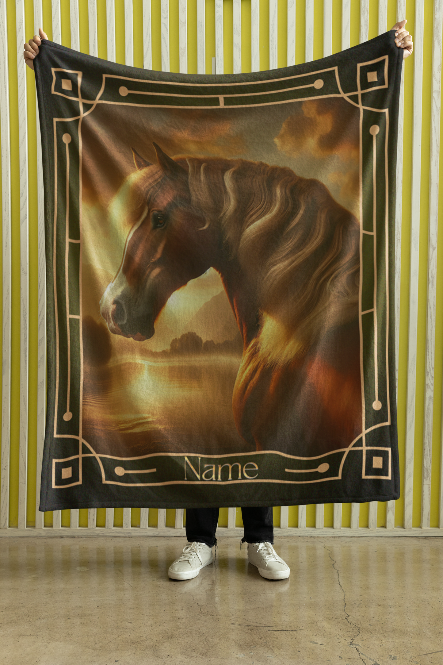 Personalized Sunset Chestnut Horse Throw Blanket - 50"x60" Custom Name Blanket