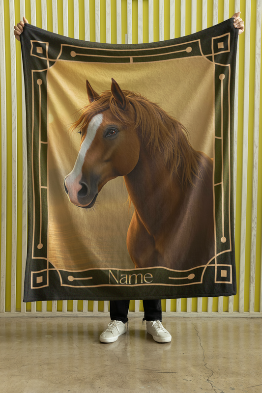 Personalized Chestnut Horse Smoky Sunset Lake Throw Blanket - 50"x60" Custom Name Blanket