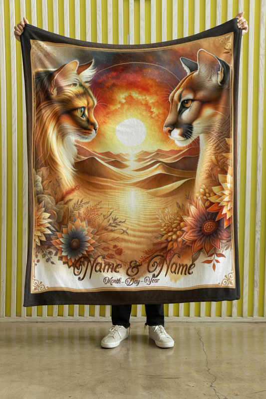Personalized Cat & Cougar Couple Throw Blanket — Custom Name Gift
