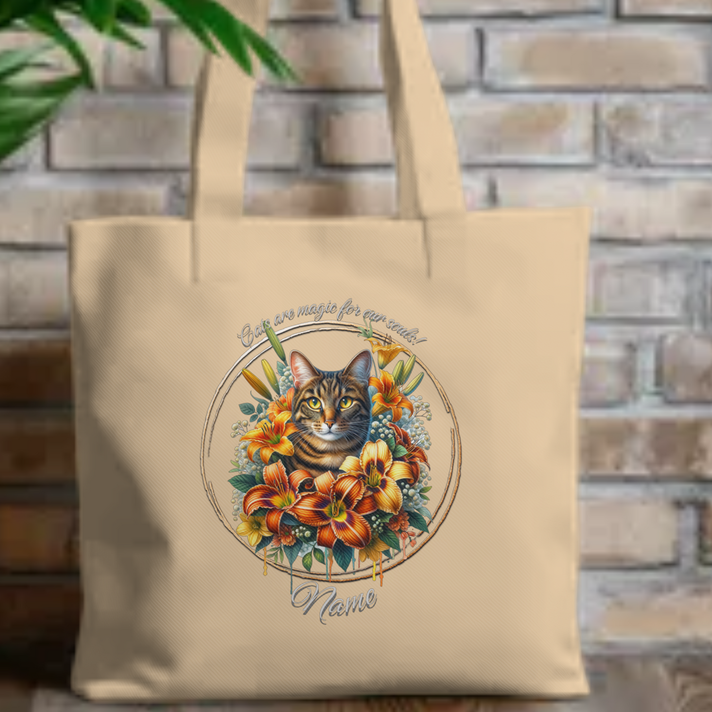 Personalized Tabby Cat with Orange Daylilies Eco Tote Bag — Custom Name Gift