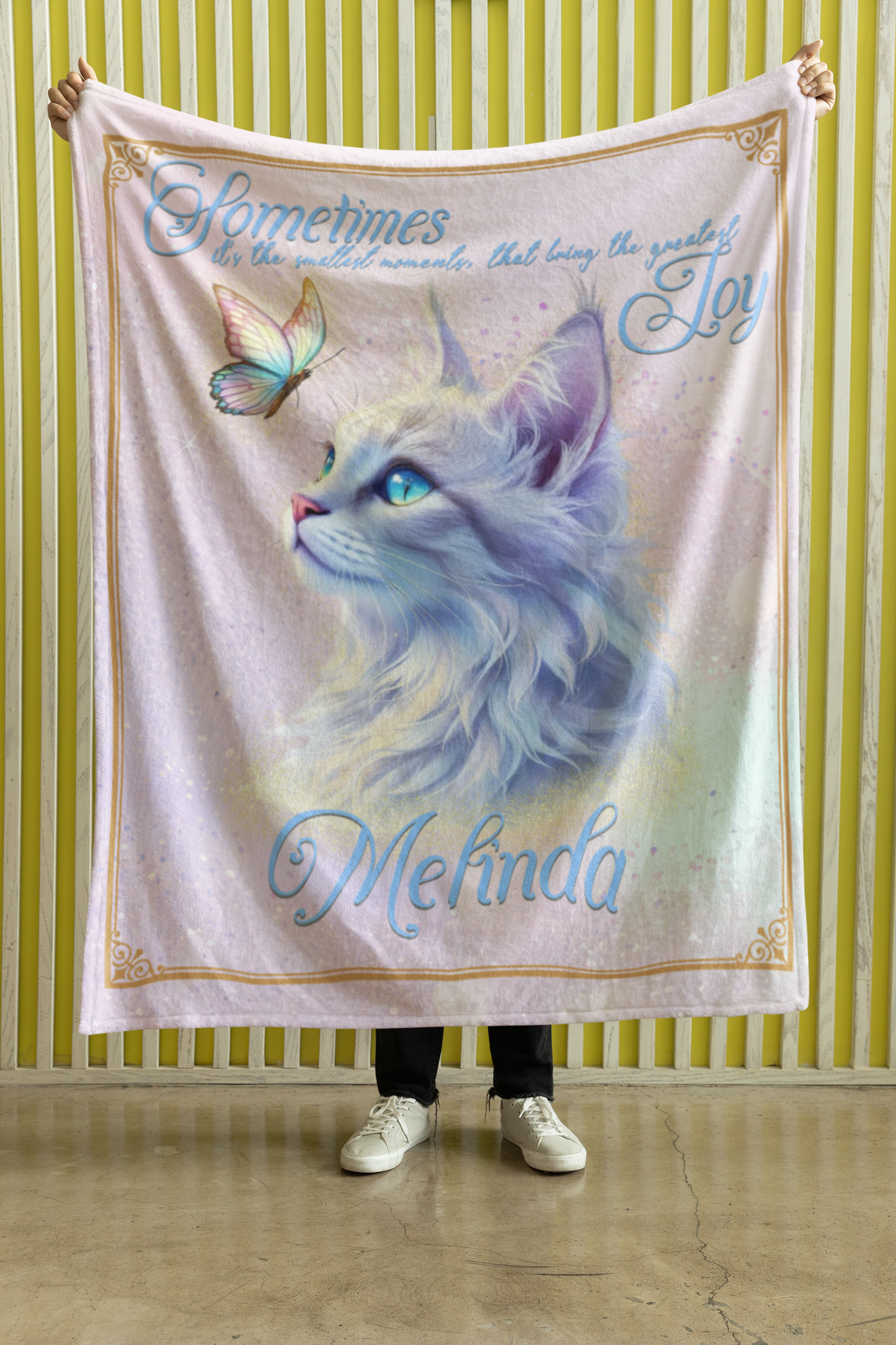 Personalized Fluffy Blue-Eyed Cat with Butterfly and Inspirational Quote Throw Blanket — Custom Name Gift