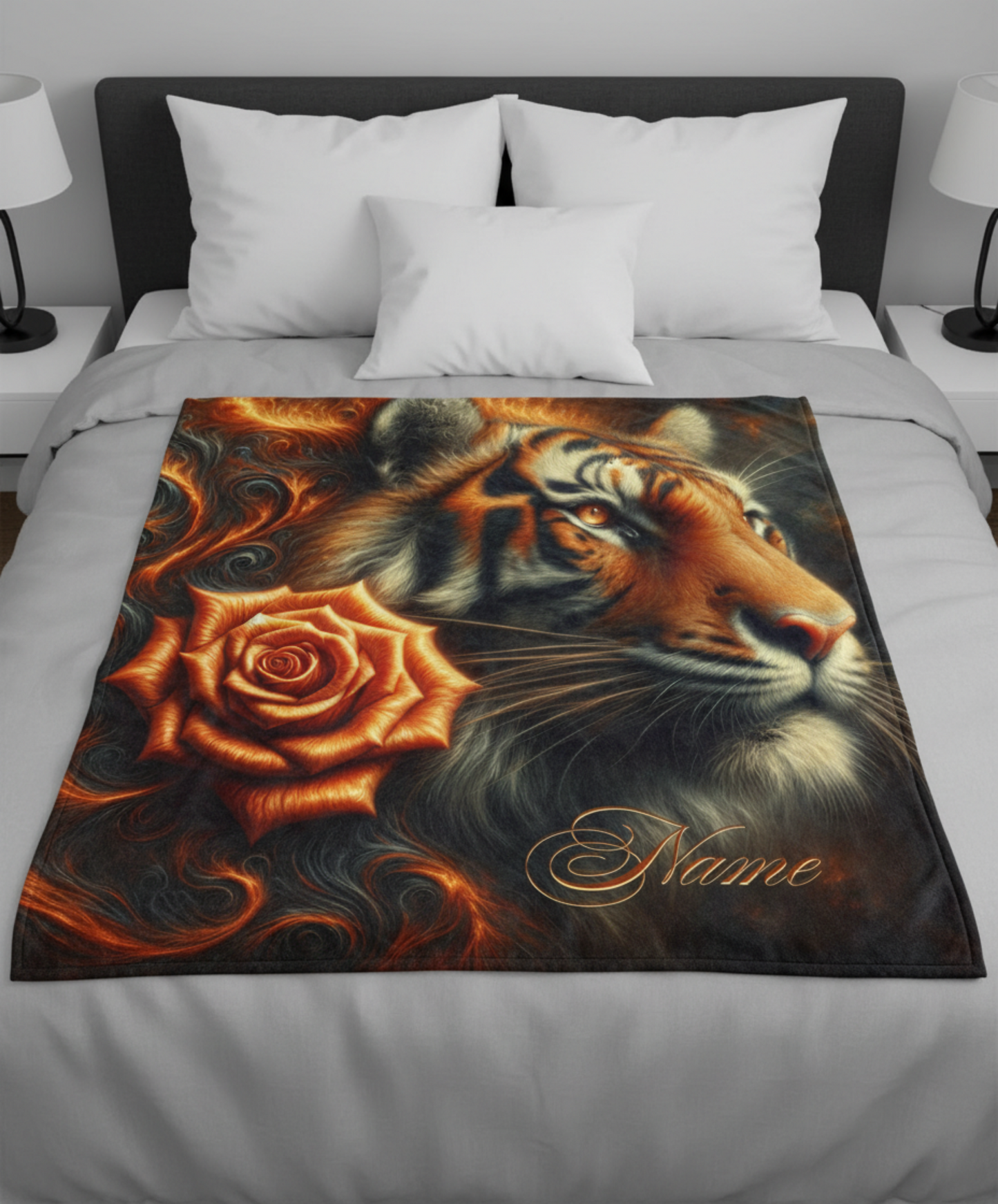 Personalized Bengal Tiger with Flame Rose Throw Blanket — Custom Name Gift