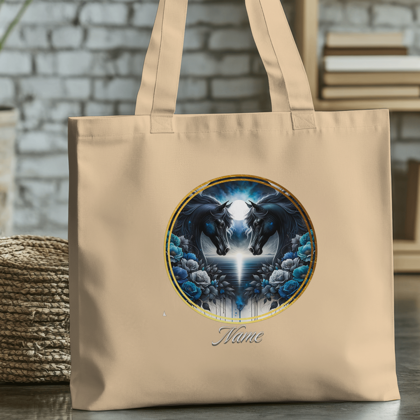 Personalized Black Horses Blue Roses Eco Tote Bag