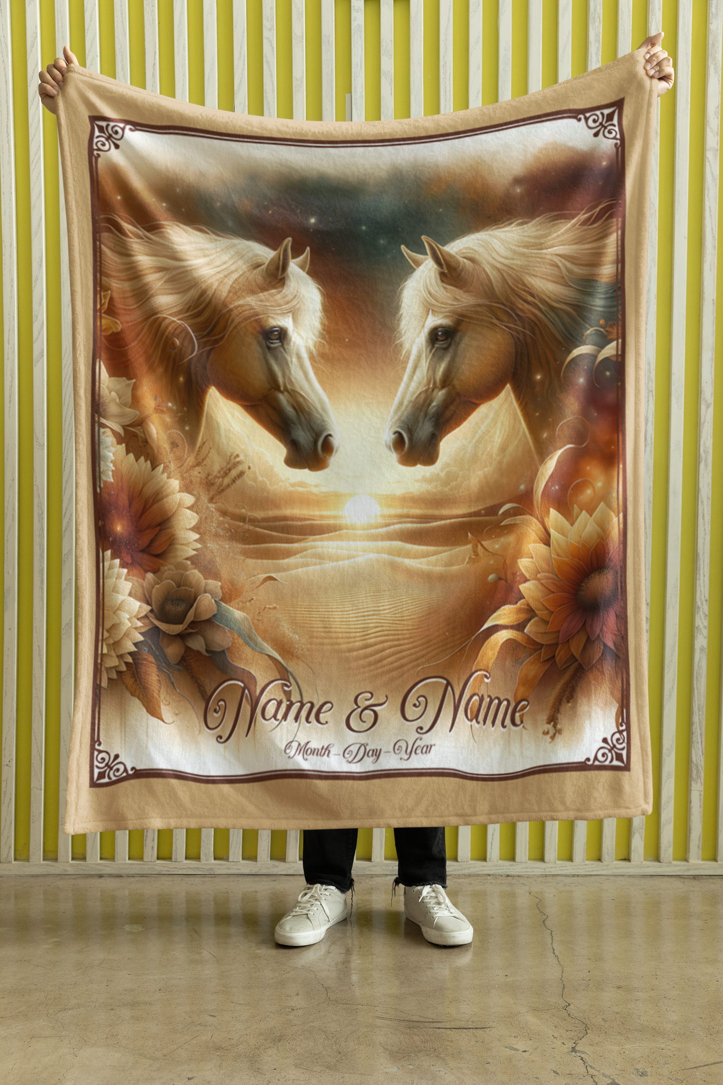 Personalized Two Palominos Sunset Throw Blanket - 50"x60" Custom Name Blanket