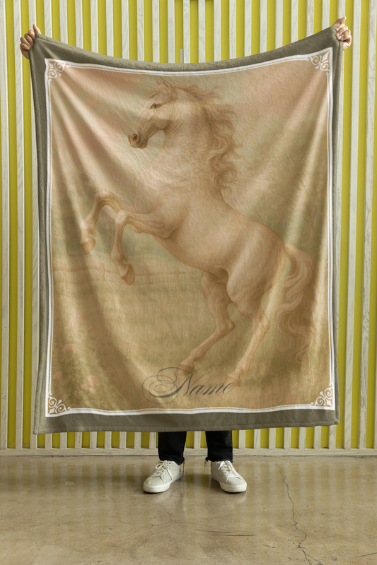 Personalized Vintage Look White Stallion Rearing in a Meadow Throw Blanket - 50"x60" Custom Name Blanket