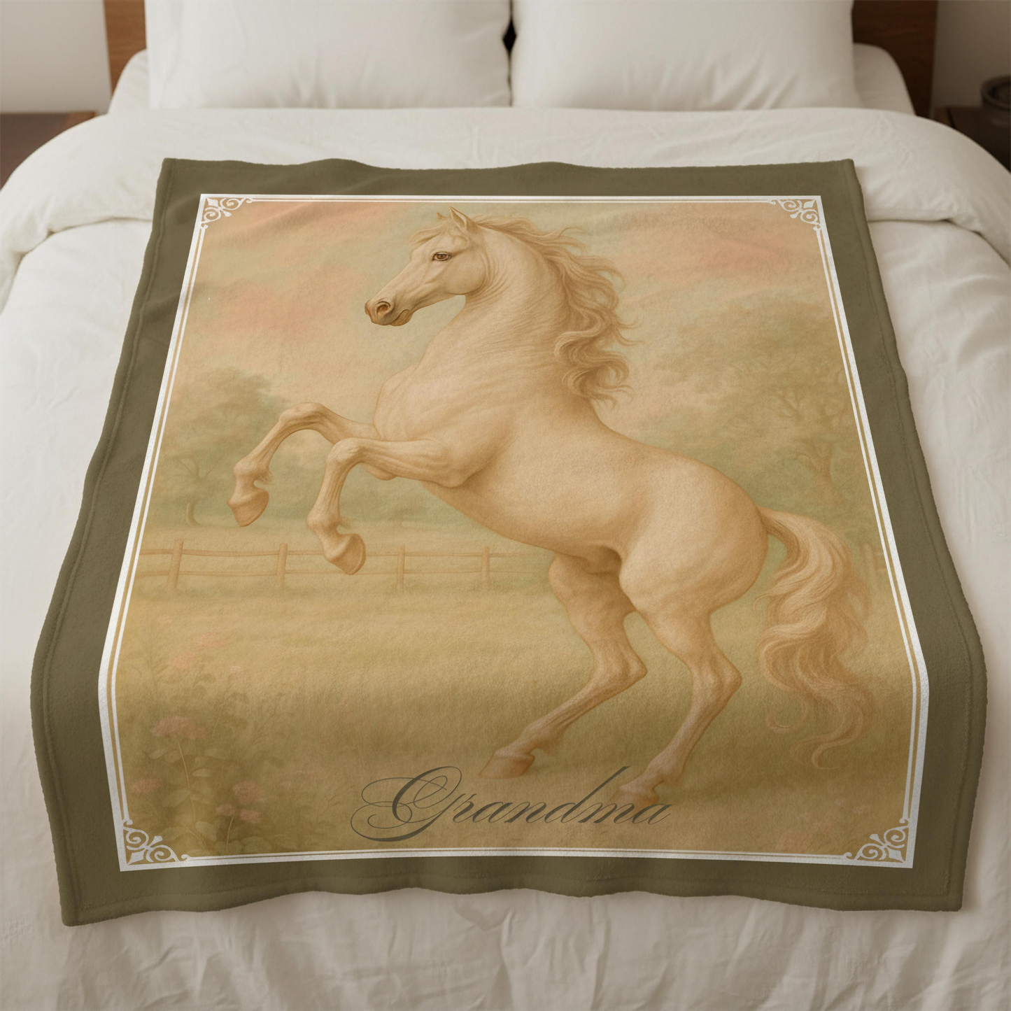 Personalized Vintage Look White Stallion Rearing in a Meadow Throw Blanket - 50"x60" Custom Name Blanket