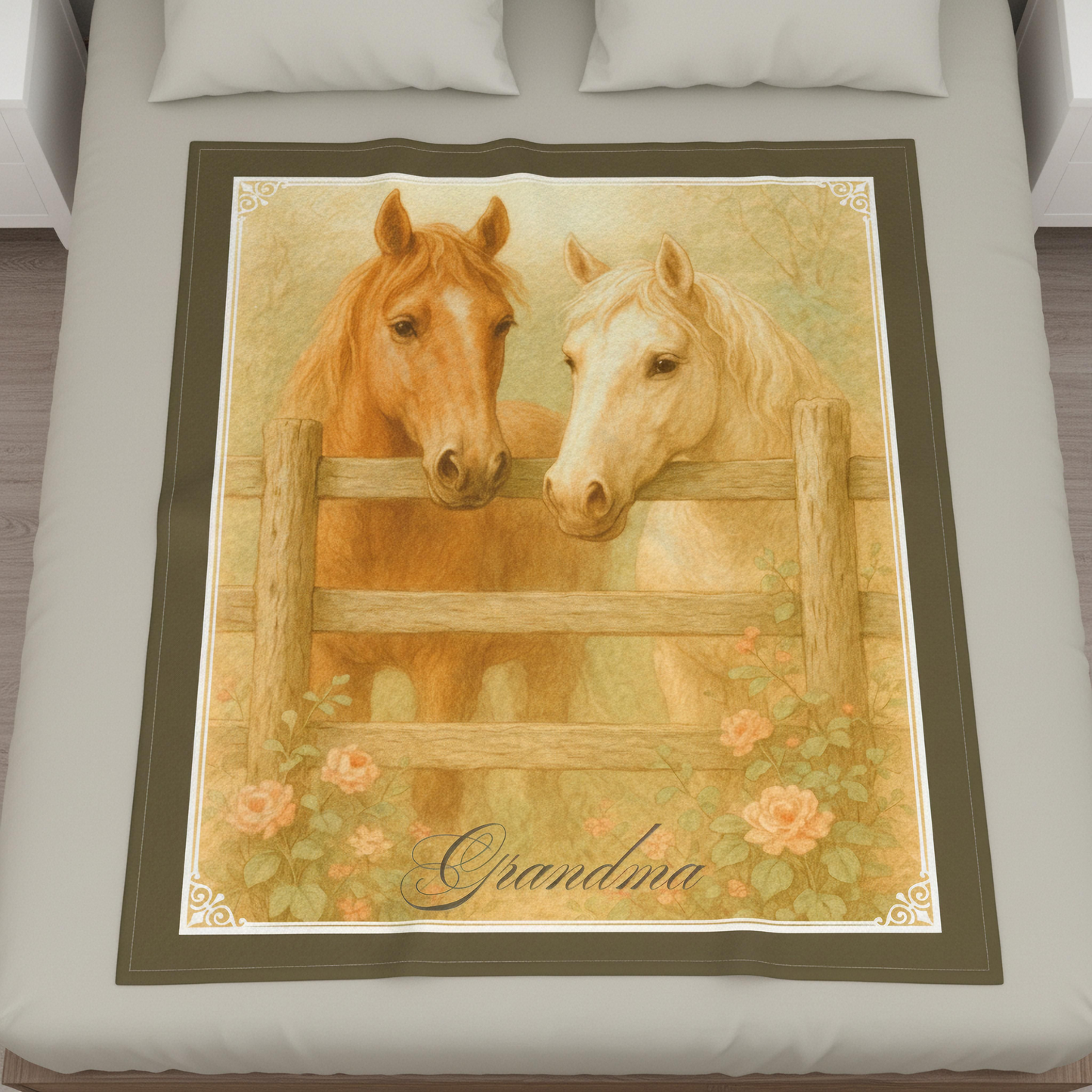 Personalized Vintage Style Two Horses by the Fence Throw Blanket - 50"x60" Custom Name Blanket