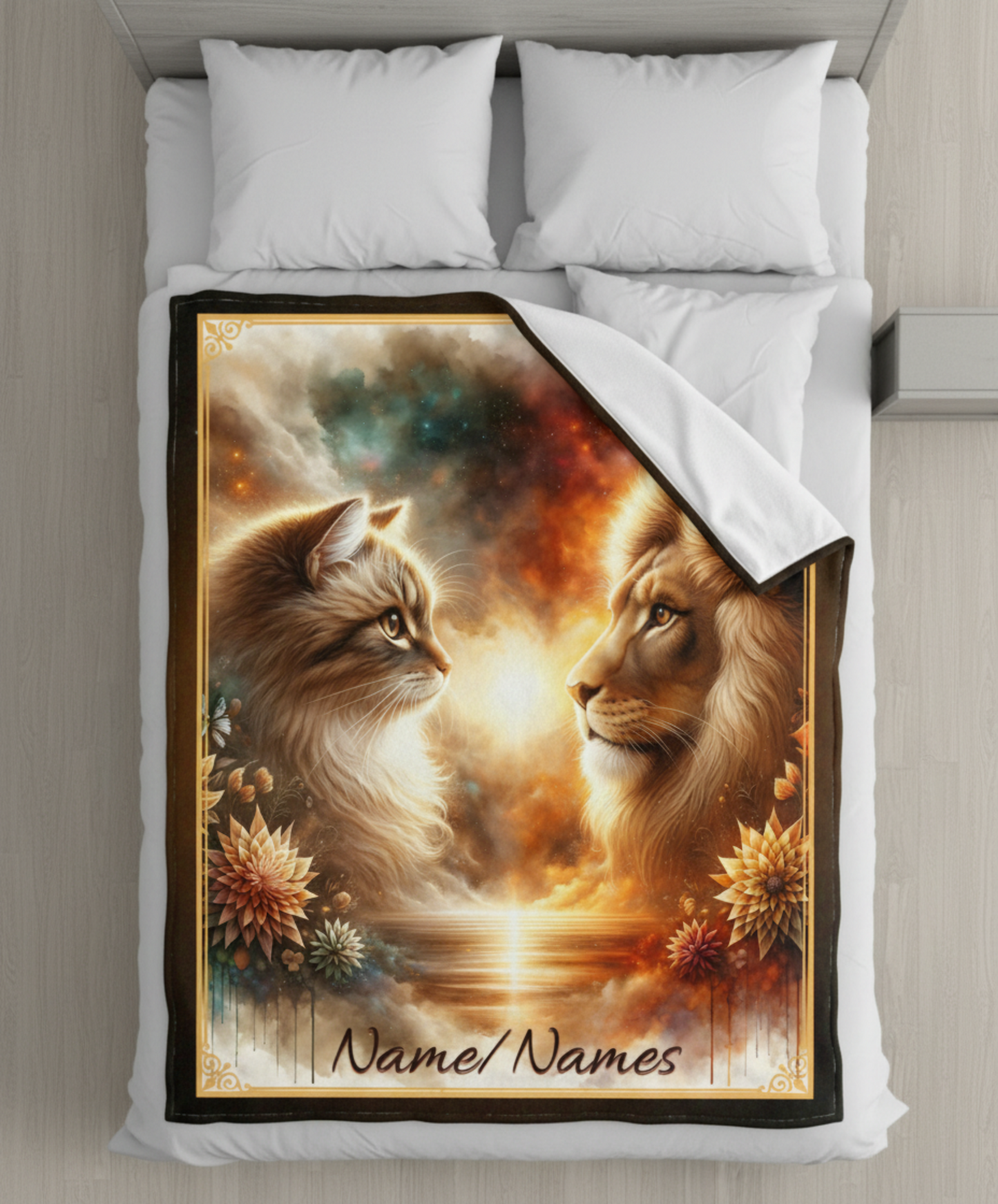 Personalized Cat & Lion Sunset Couple Throw Blanket — Custom Name Gift