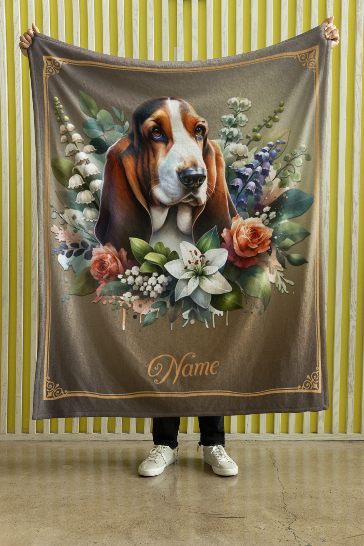 Personalized Basset Hound with Flowers Throw Blanket - 50"x60" Custom Name Blanket